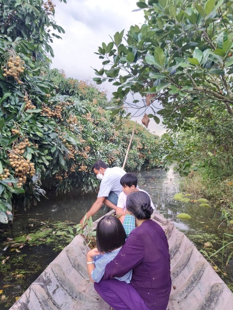 Guests in a small wooden boat on a narrow canal lined with fruit trees.