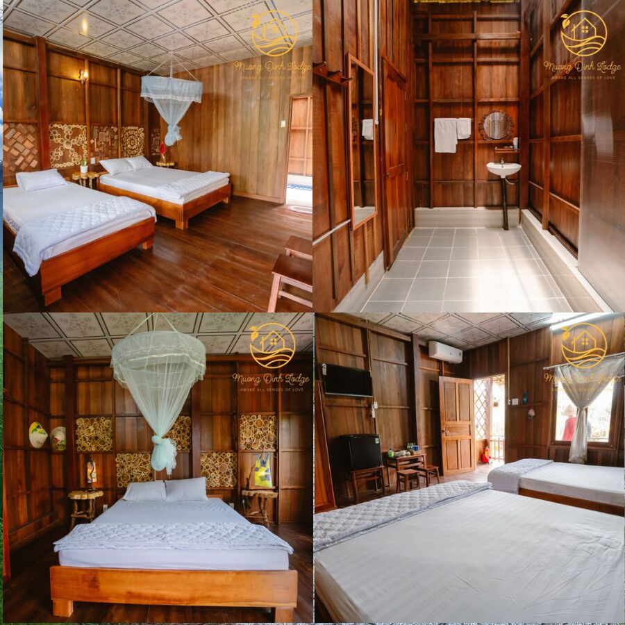 A collage of wooden guest rooms with white beds and mosquito nets.