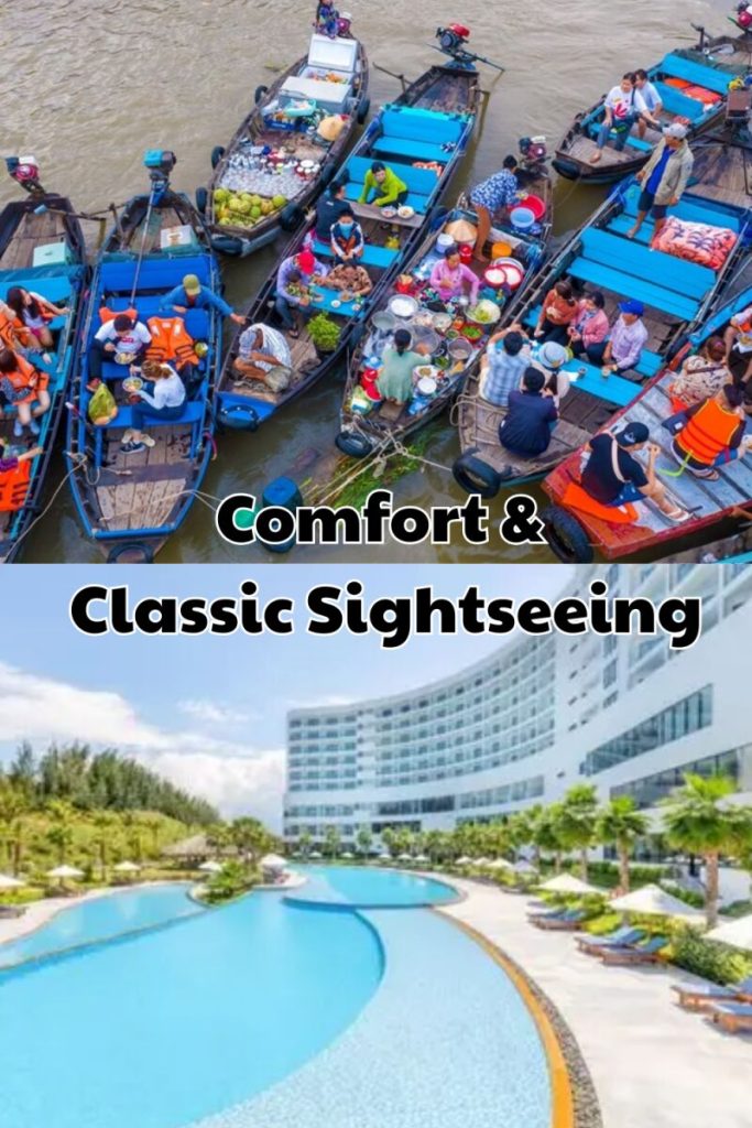 A graphic titled Comfort & Classic Sightseeing, pairing market boats with a hotel pool.