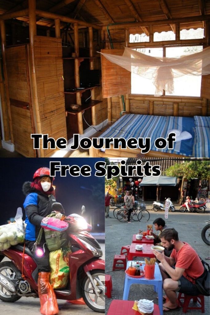 Đồ họa The Journey of Free Spirits: phòng có mùng phía trên người chạy xe máy và quán vỉa hè.