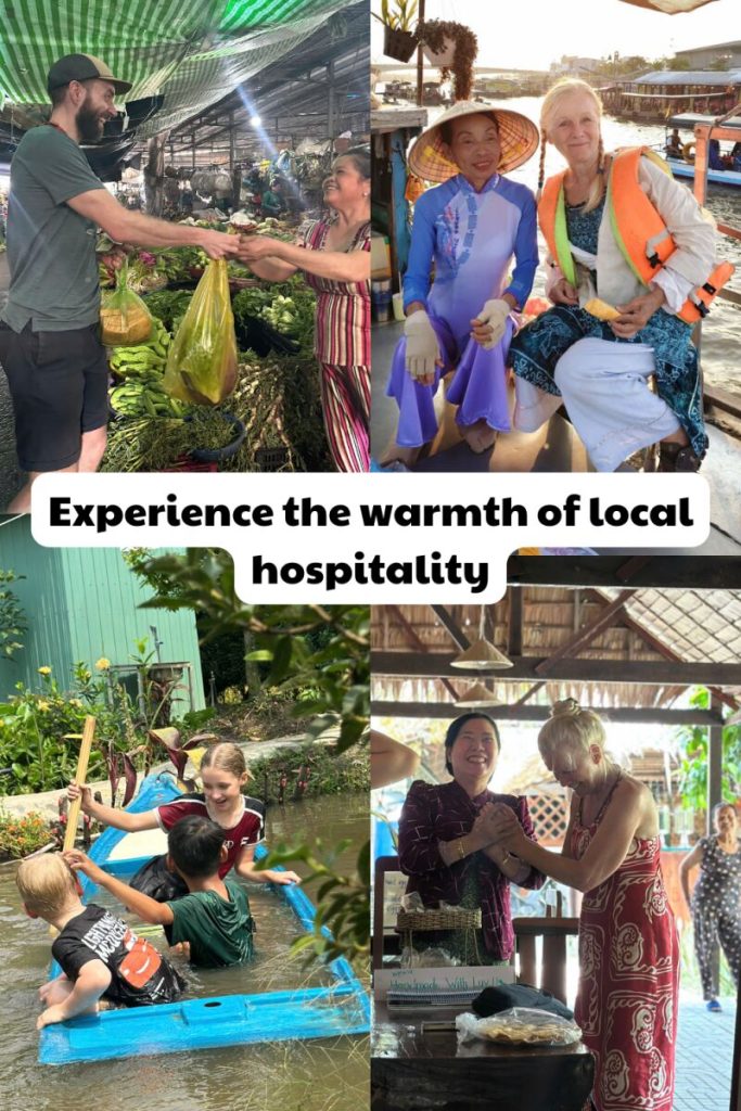 A collage headed Experience the warmth of local hospitality: a market, a boat and greetings with locals.