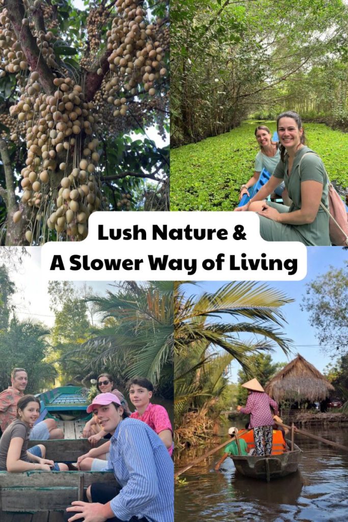 A collage headed Lush Nature & A Slower Way of Living, with fruit trees, guests and a canal boat.