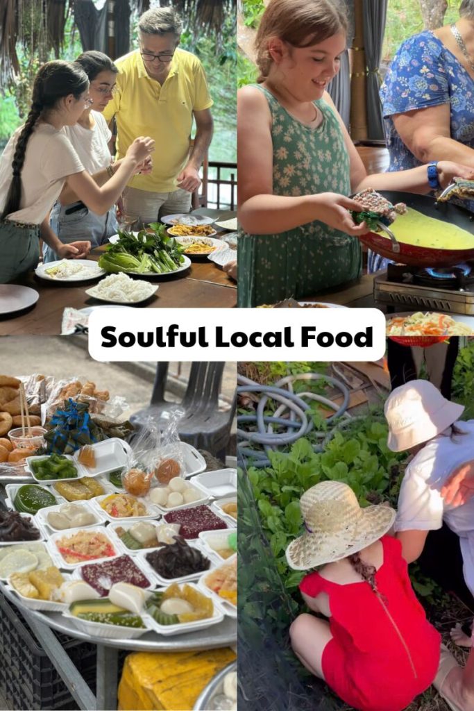 A collage headed Soulful Local Food, with guests cooking and a table of local dishes.