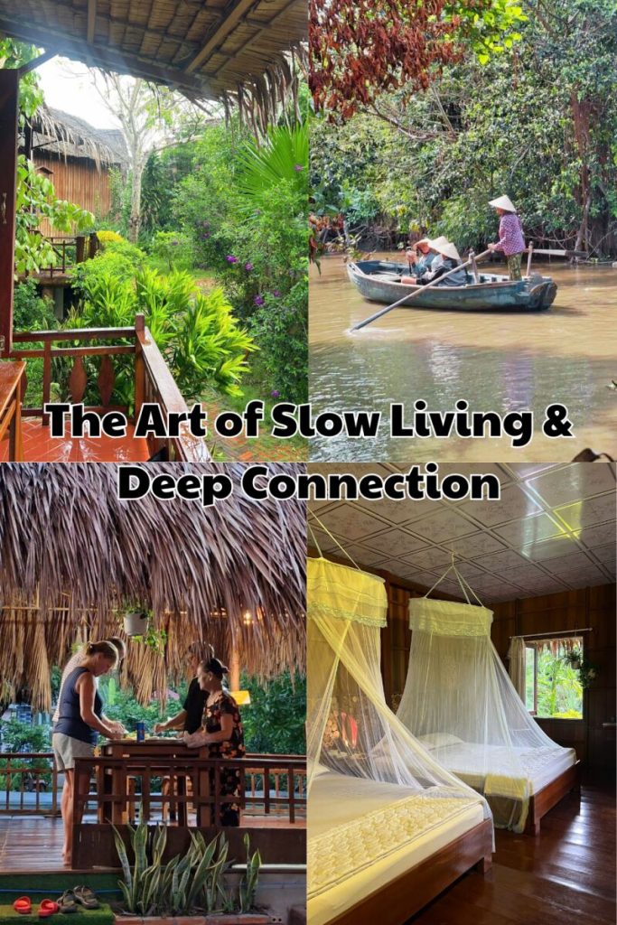 Đồ họa The Art of Slow Living & Deep Connection: khu vườn, xuồng chèo, hiên mái lá và giường có mùng.