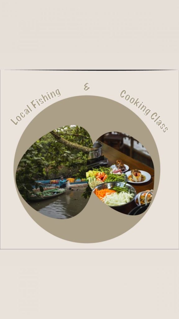 A graphic titled Local Fishing & Cooking Class, with a canal boat and a spread of dishes.