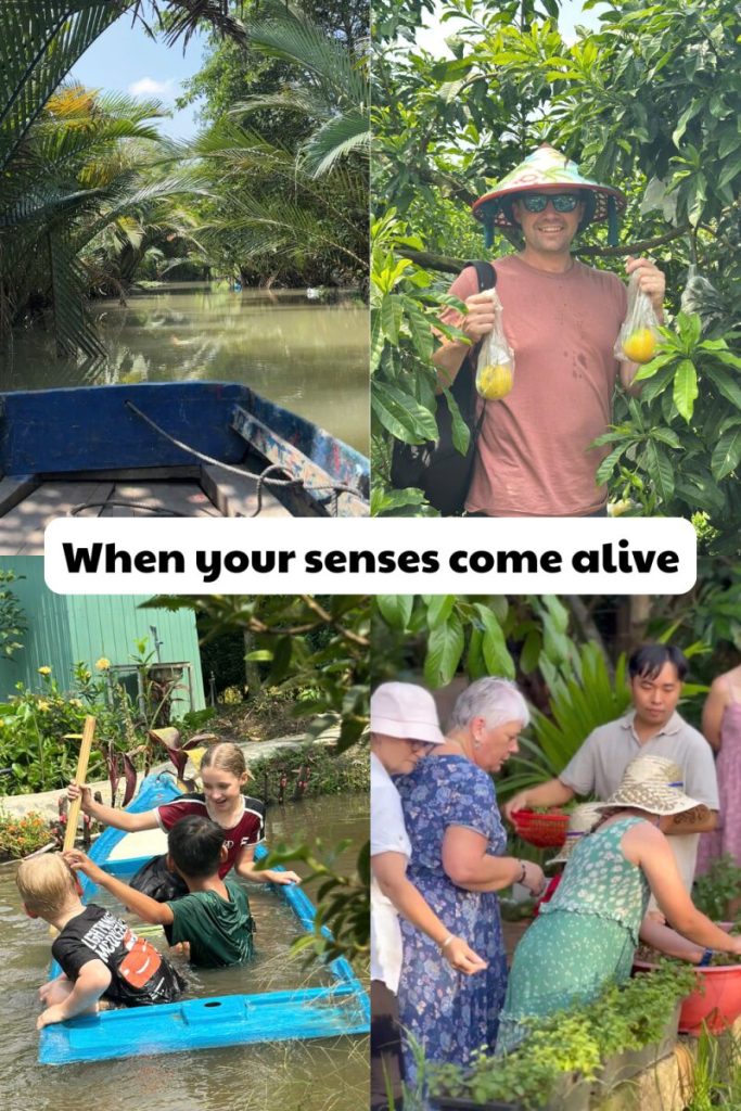 A collage headed When your senses come alive, with guests in the garden and on the water.