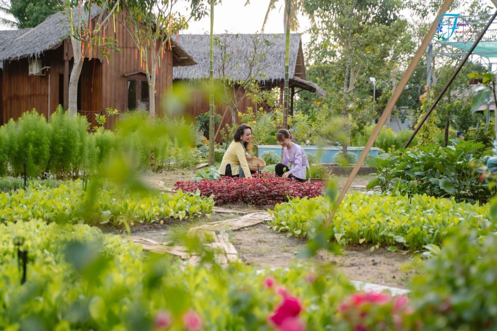 Green vegetable beds before wooden cabins, two women working in the distance.