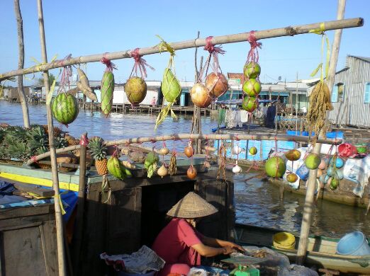 A seller in a conical hat under a pole hung with fruit on a market boat.