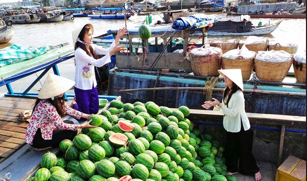 Three women passing watermelons on a boat piled high with them, other boats around.