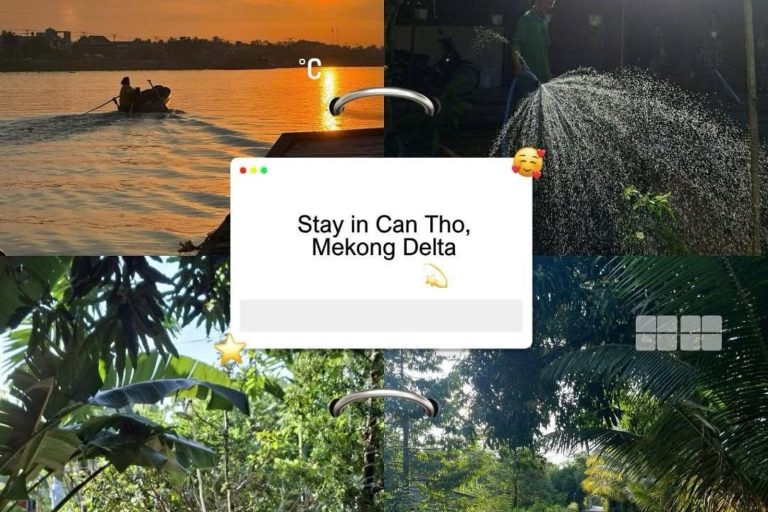 A collage with the words Stay in Can Tho, Mekong Delta over river and garden photos.