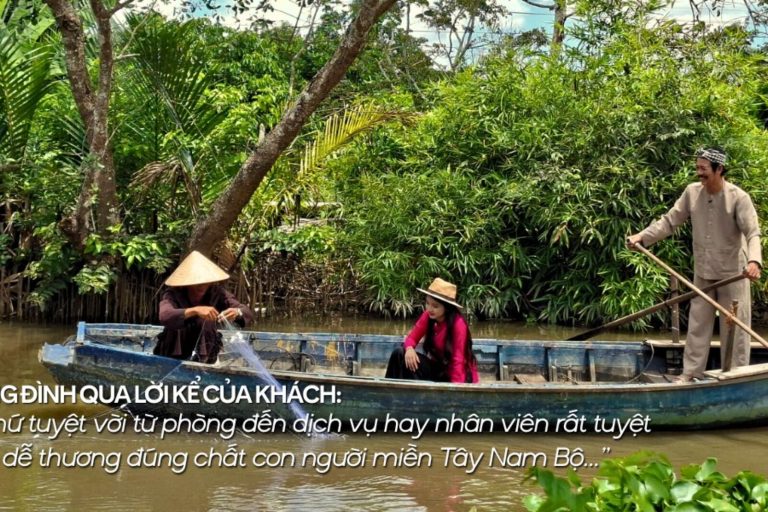 A net being cast from a boat on a canal, captioned with a guest's praise for the rooms and staff.