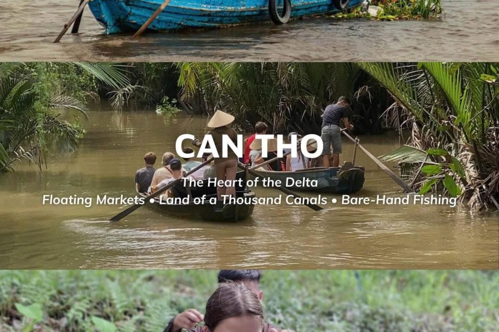A Can Tho title card reading The Heart of the Delta, over two boats on a canal, each rowed by a standing rower.