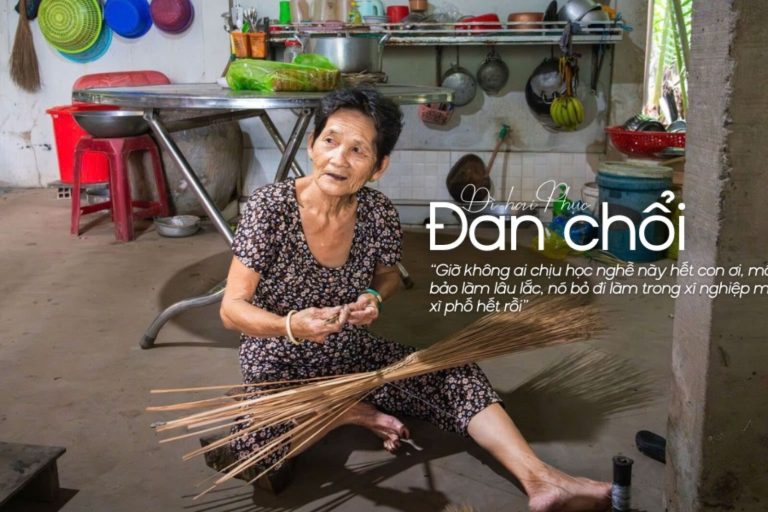 Grandma Hai Phục making a broom in her kitchen, titled Broom weaving, with her words about the fading craft.