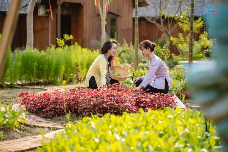 Two women picking herbs from a garden bed in front of wooden cottages.