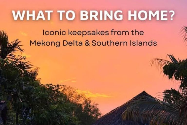 A sunset over palm roofs titled What to bring home, about keepsakes from the Mekong Delta and southern islands.