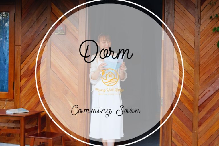 A circle announcing the dorm coming soon, over a woman standing at a wooden doorway.