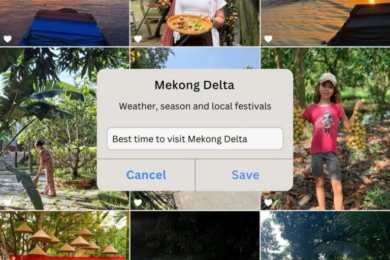 A grid of Mekong photos behind a note titled Mekong Delta: weather, season and local festivals.