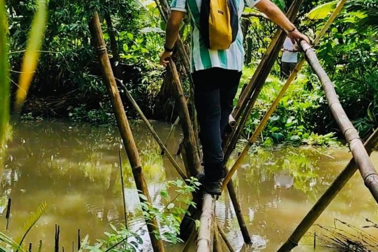 Một người đi qua cây cầu khỉ tre hẹp bắc ngang con rạch xanh.