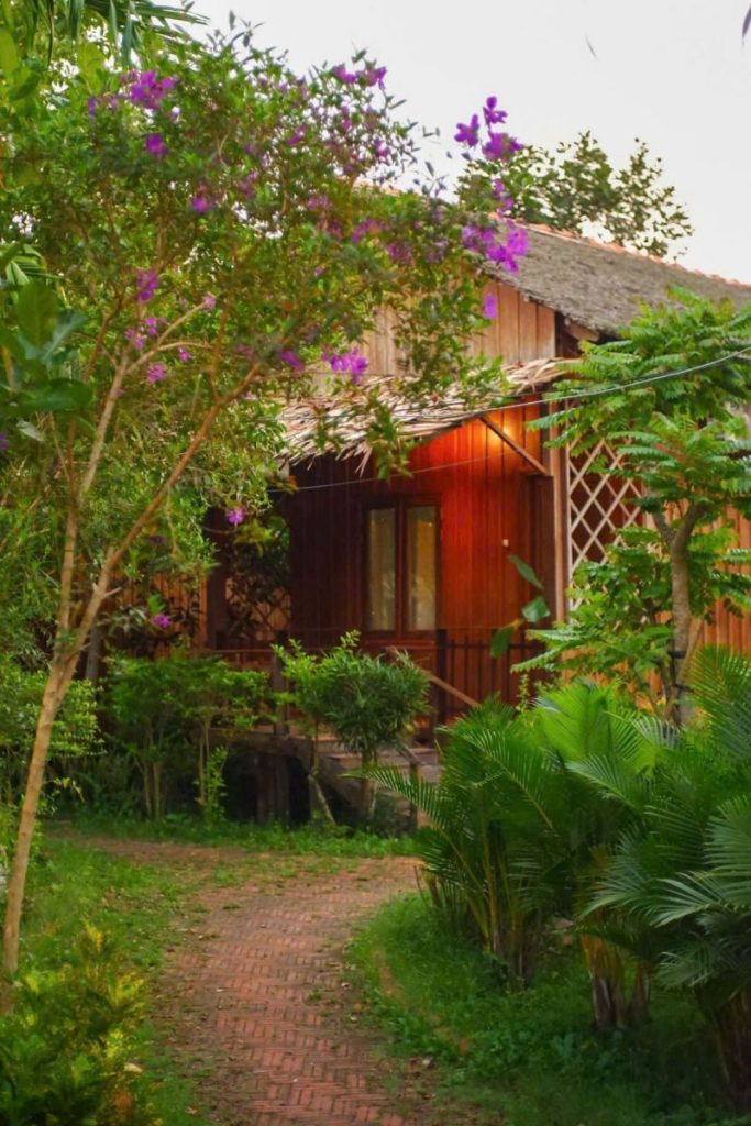 A wooden cottage behind a flowering tree and a curving brick path.