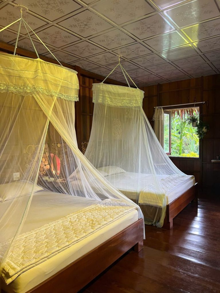 Two beds under white canopy mosquito nets in a wooden room.