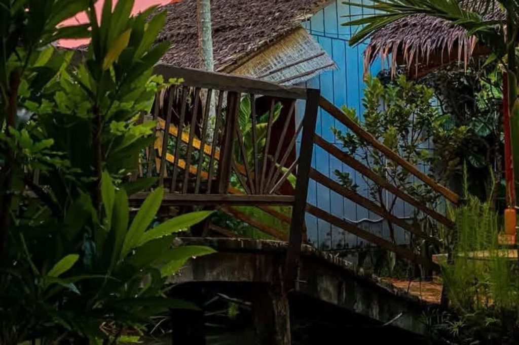 A wooden footbridge leads to a thatched bungalow with blue walls, half hidden behind green leaves.