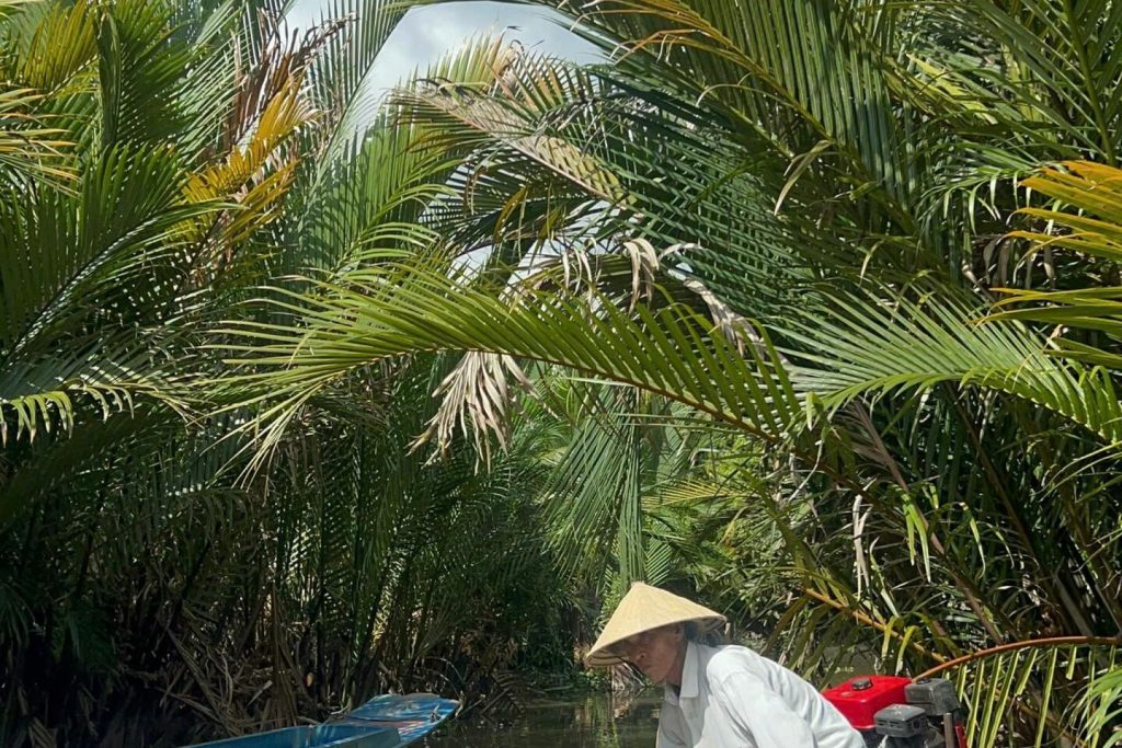 A nipa palm canal with a local in a conical hat.