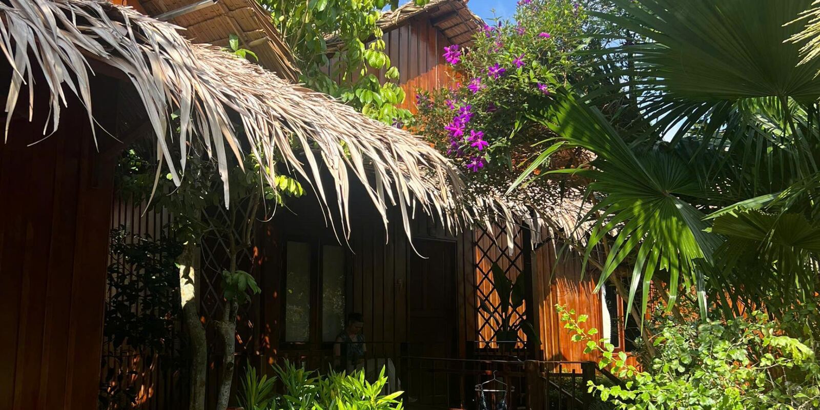 A thatched bungalow veranda framed by bougainvillea.
