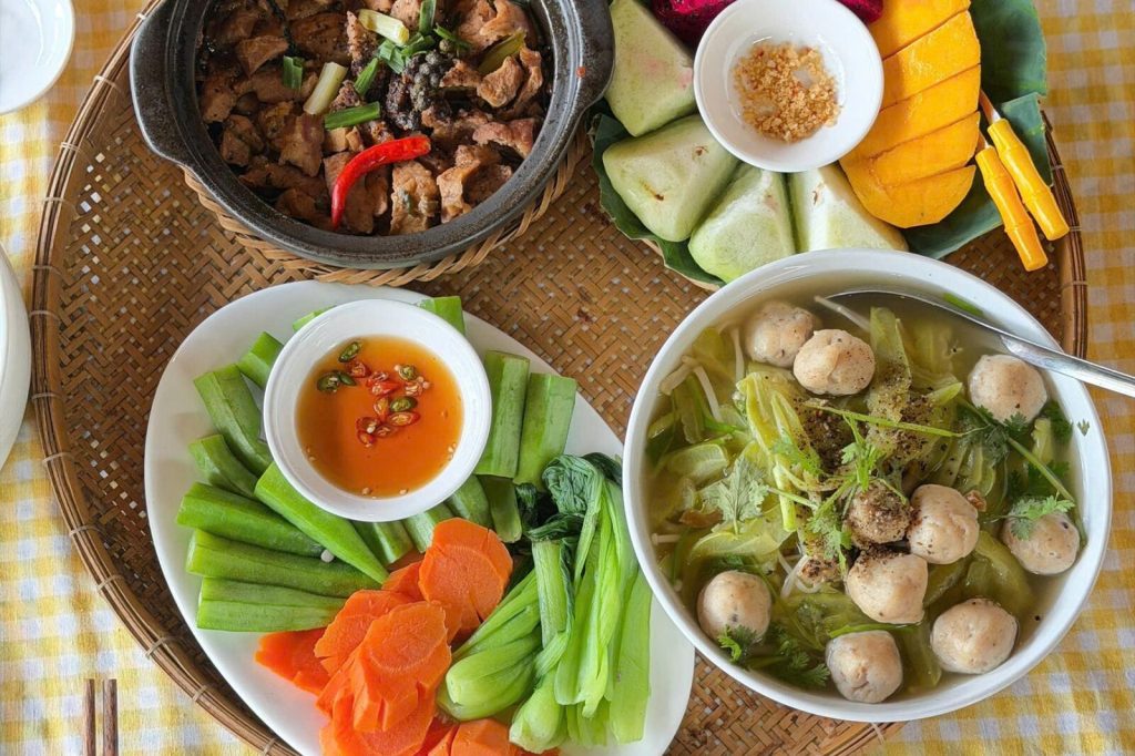 Lunch on a bamboo tray.
